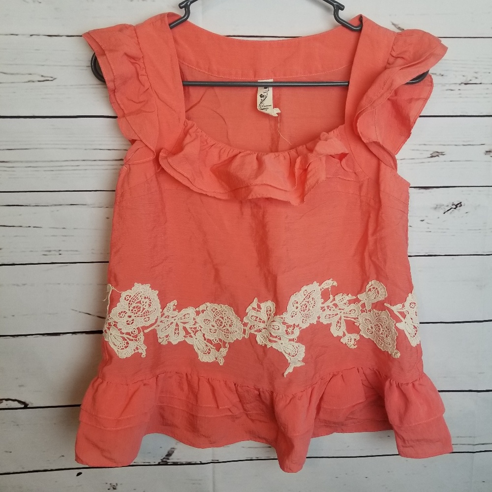 Anthropologie Coral Ruffle Lace-Trim Sleeveless Top